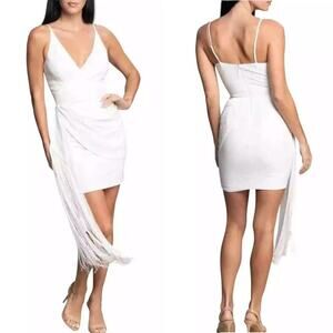 Dress The Population Alida Dress Crepe Fringe Sleeveless Faux Wrap Mini White XS